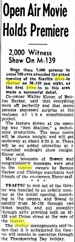 Starlite Drive-In Theatre - JUL 17 1948 GRAND OPENING WAS A SUCCESS